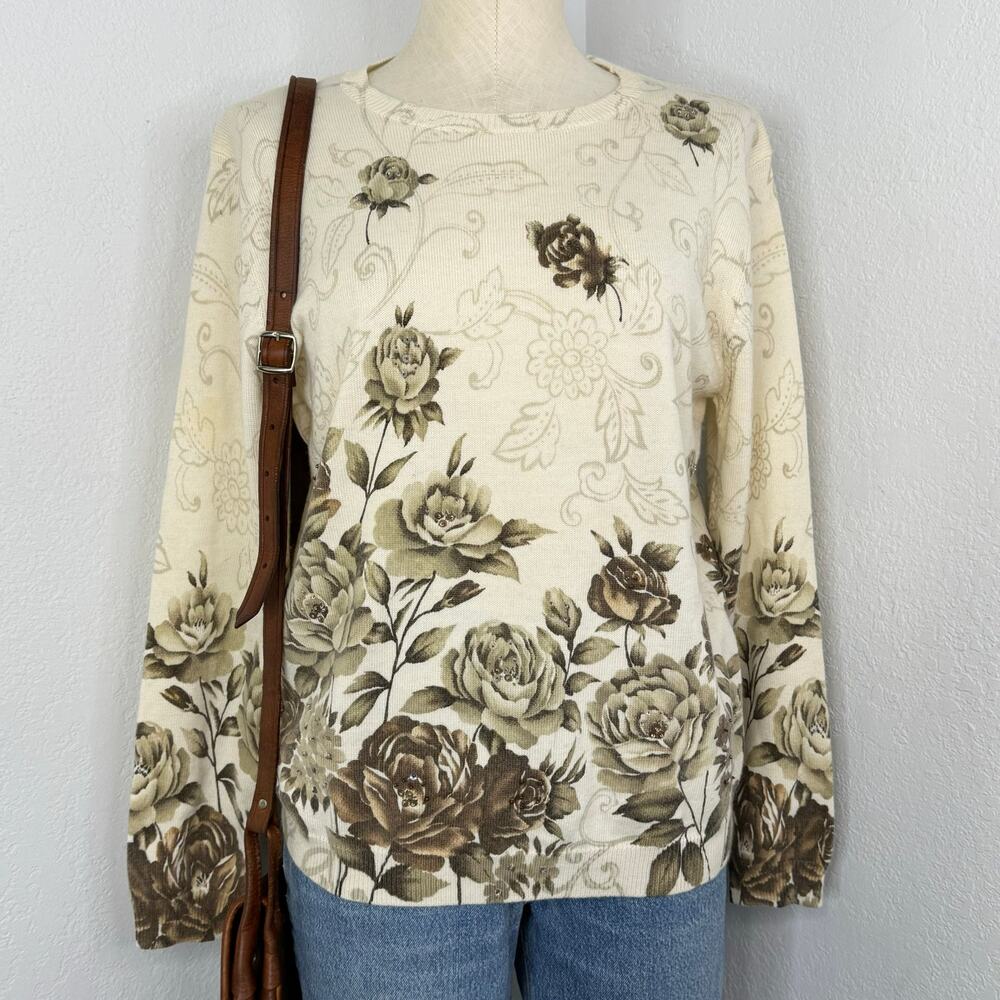 Rose Print Wool Blend Crewneck Sweater Cream Brown Size Small
